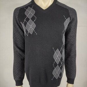 Transcript black gray embroidered argyle 100% Cashmere V-Neck sweater Medium